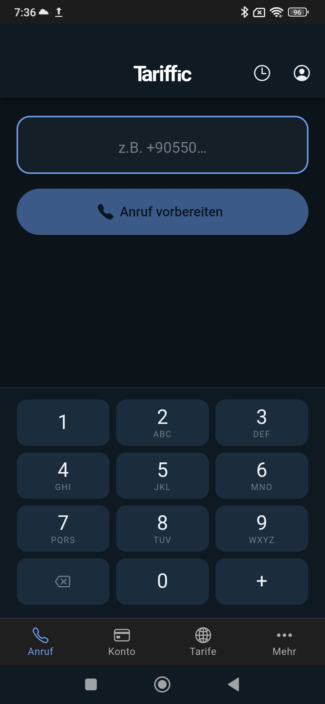 Tariffic für Android: Tastenfeld mit Eingabefeld für die Zielrufnummer