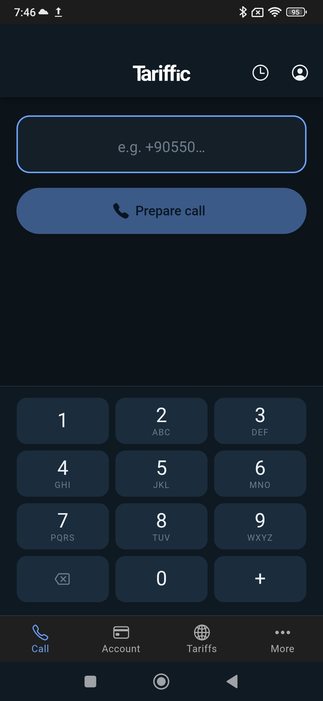 Tariffic for Android: keypad with the field for the number you want to call