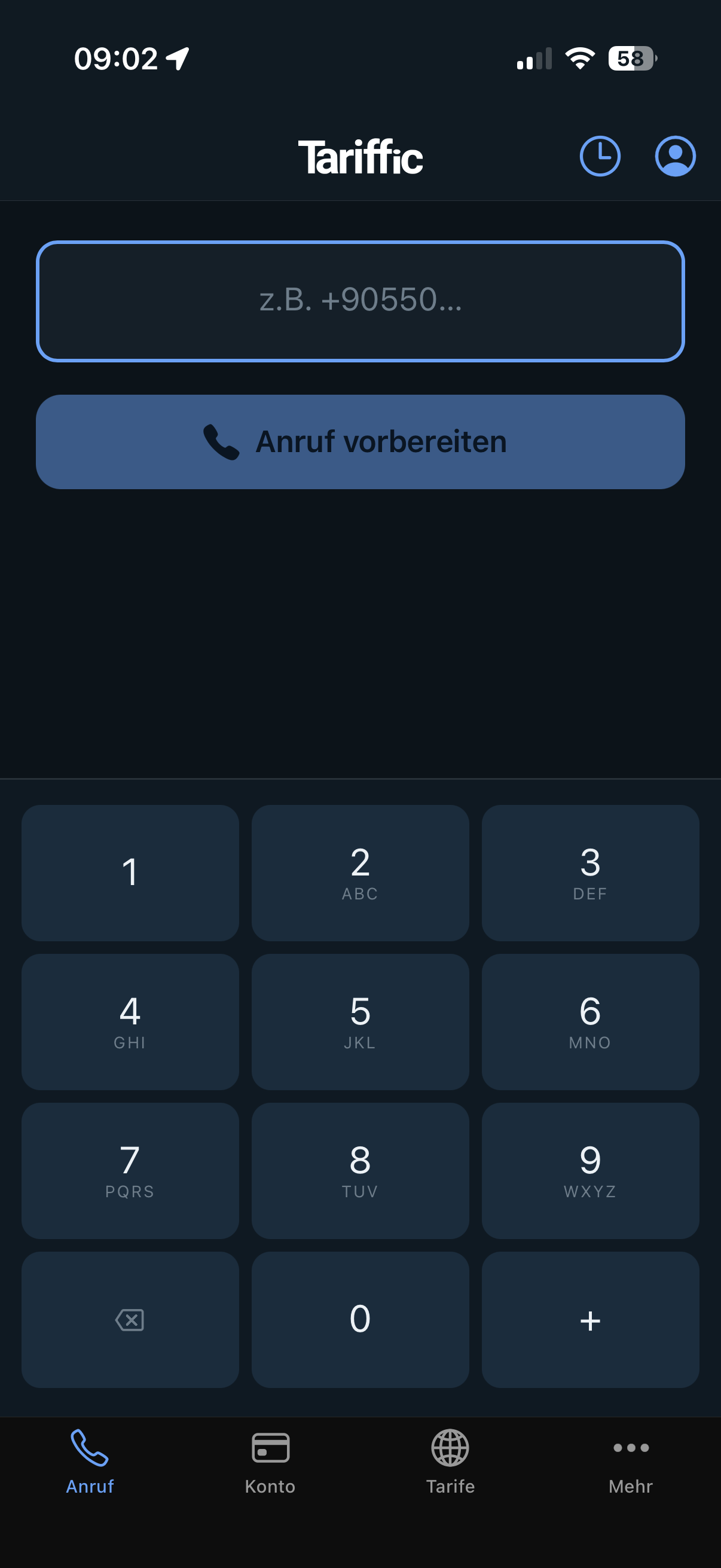 Tariffic für iPhone: Tastenfeld mit Eingabefeld für die Zielrufnummer