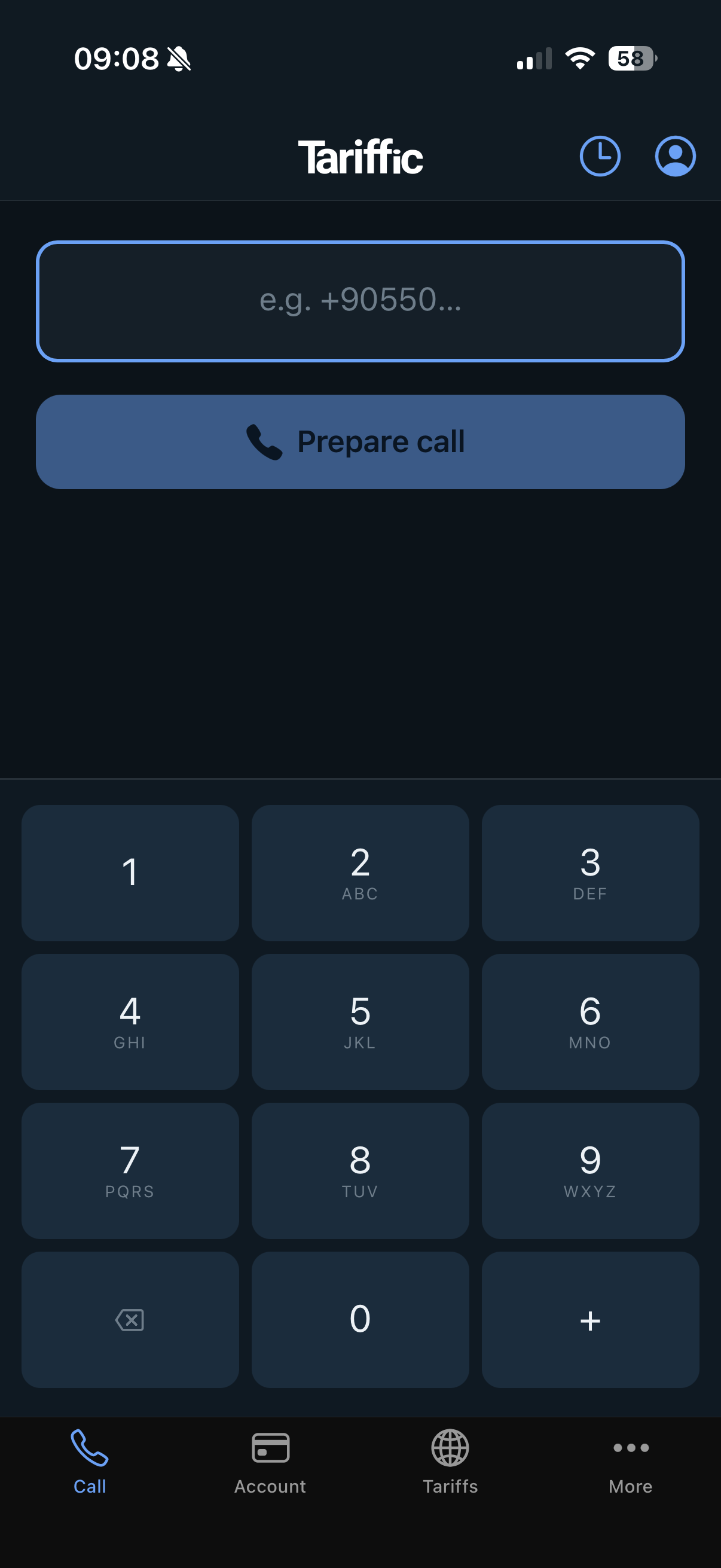 Tariffic for iPhone: keypad with the field for the number you want to call
